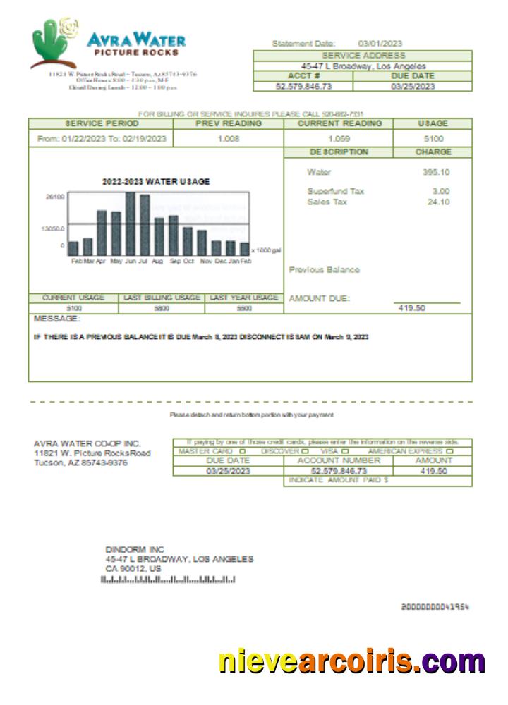 Avra Water Co-Op utility business bill